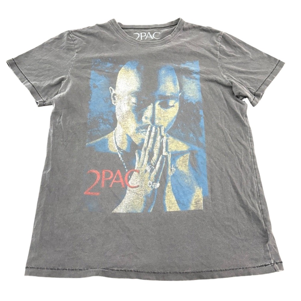 2Pac Tupac‎ Shakur Graphic T-Shirt Sz Medium Gray Acid Wash Distressed Retro Tee